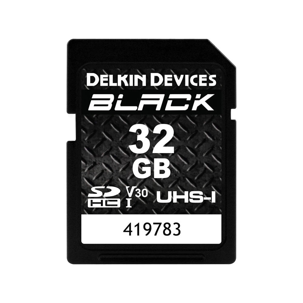 Delkin Devices Black 32GB SD card on a white background