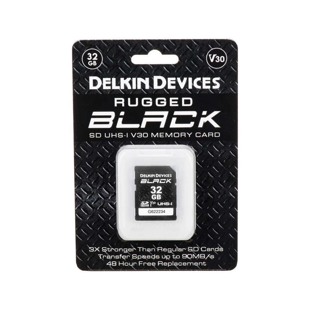 Delkin Devices Rugged Black SD card packaging on a white background