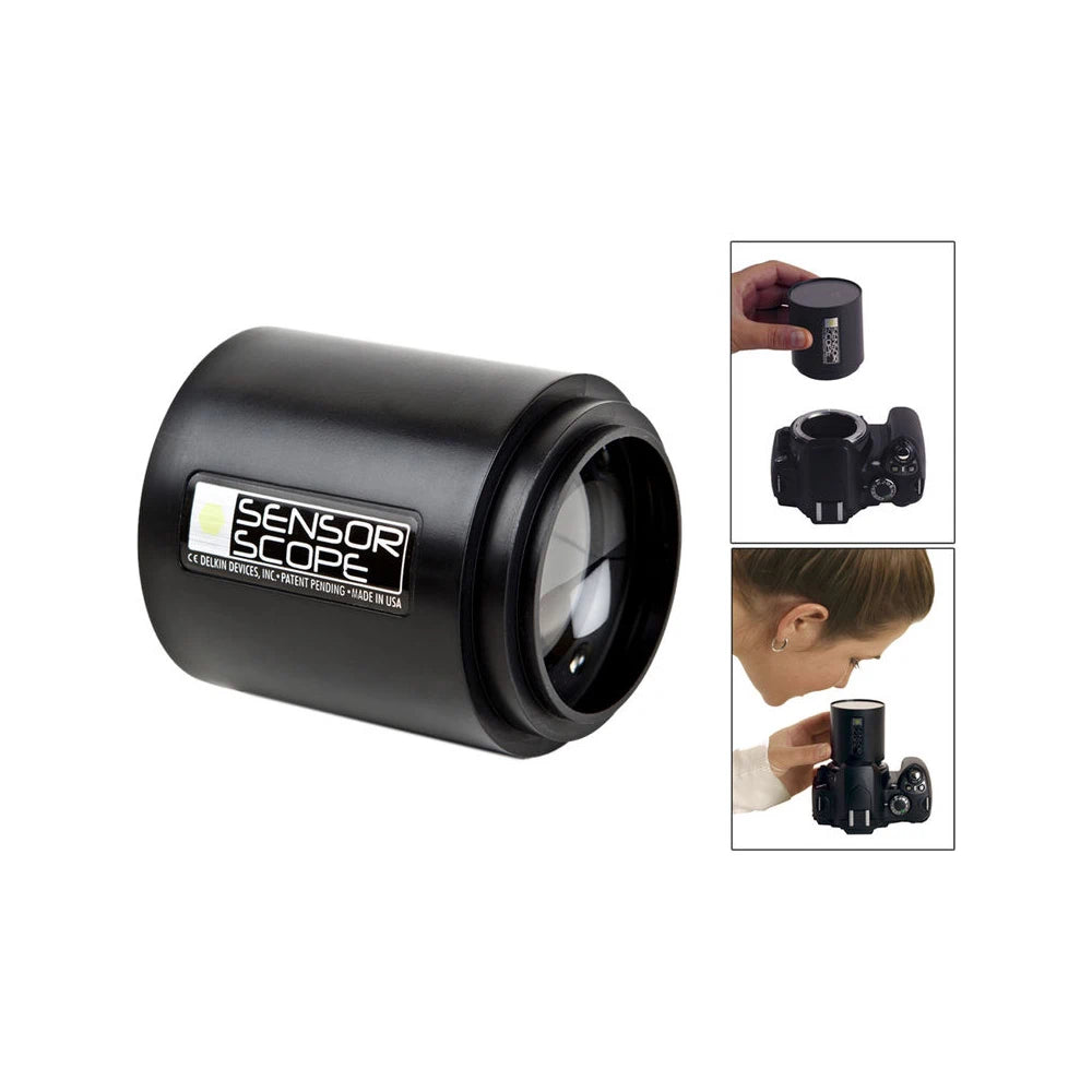 Black Sensor Scope device with a camera attachment on a white background
