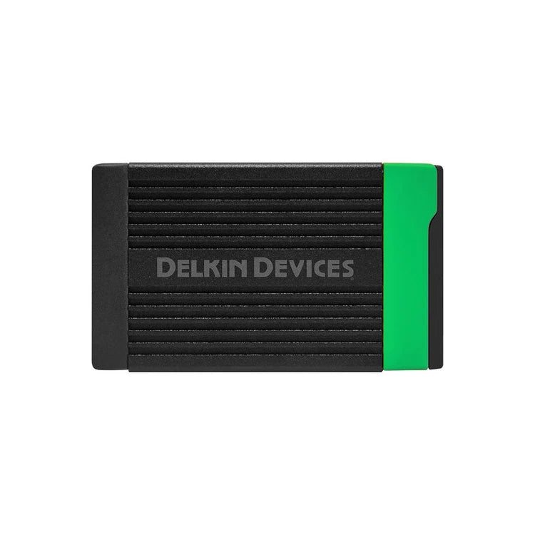 Black and green external hard drive with Delkin Devices branding on a white background