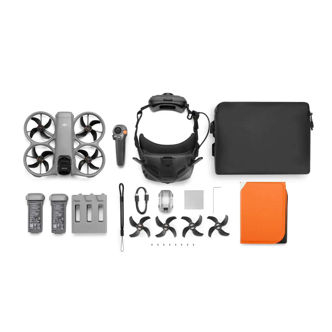 Collection of drone parts and accessories on a white background