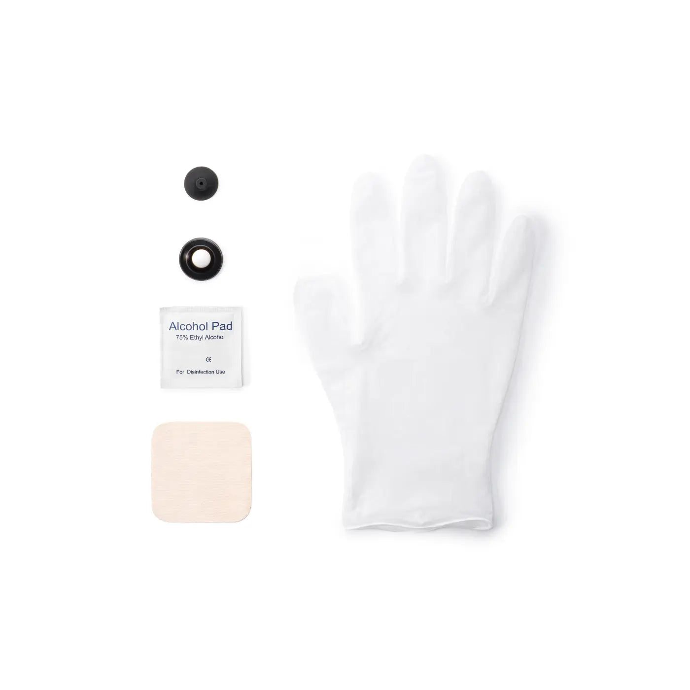 White cloth, alcohol pad, and cotton swabs on a white background