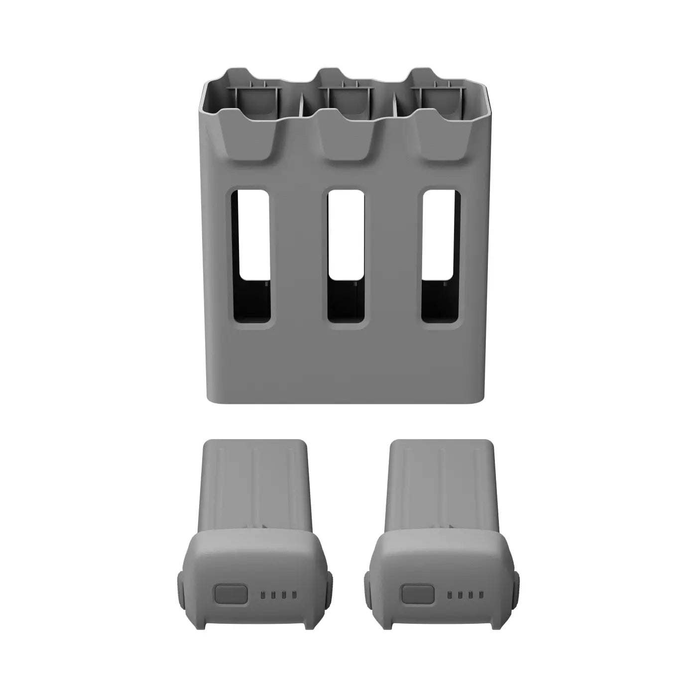Gray battery holder with two batteries on a white background