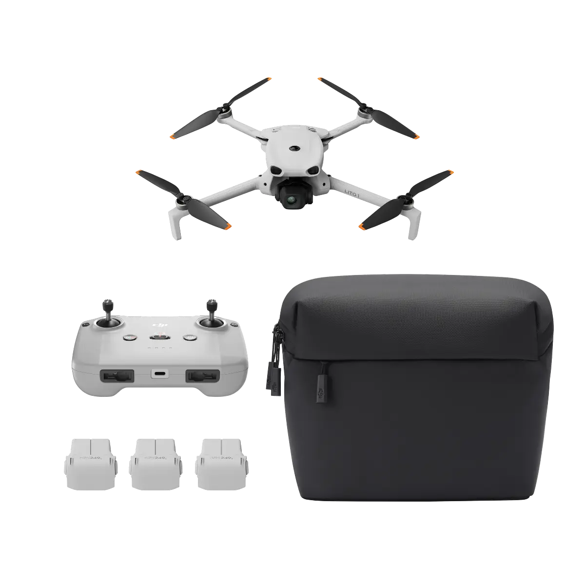 Drone with controller, spare parts, and black carrying case on a white background