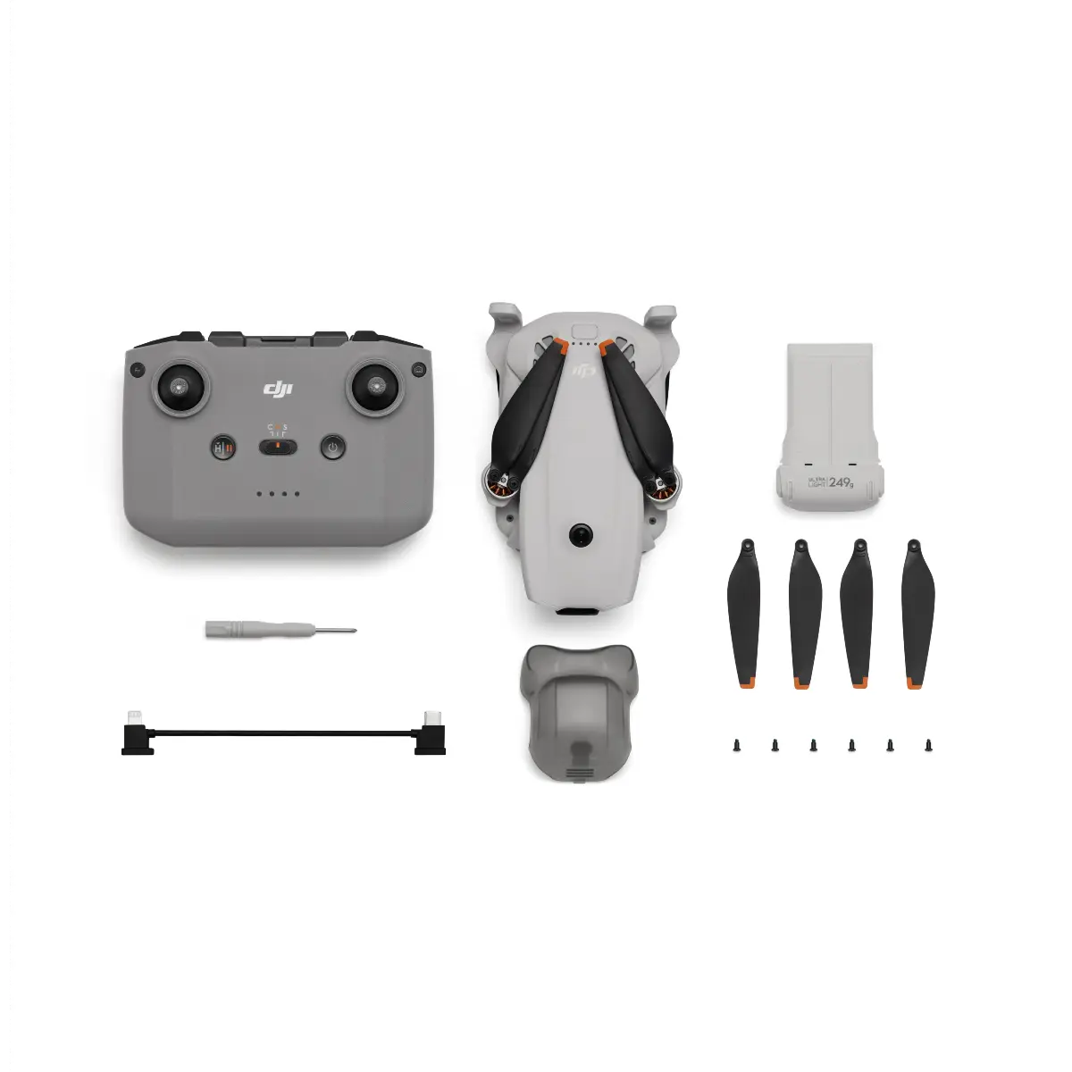 DJI Mini 2 drone and accessories on a white background