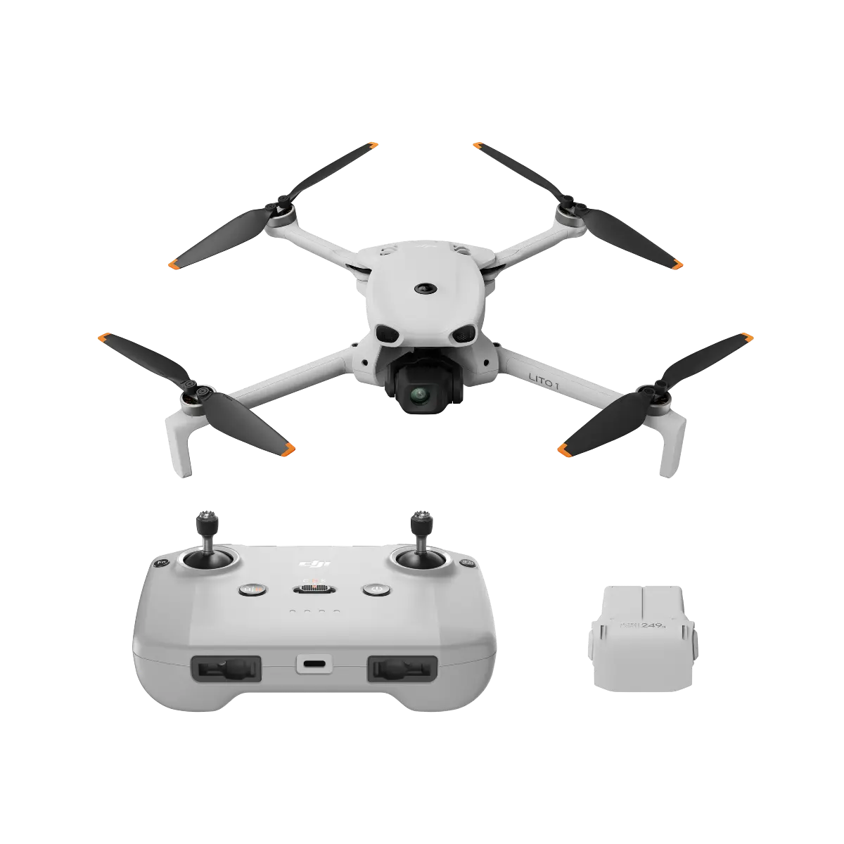 White drone with black propellers and a remote control on a white background