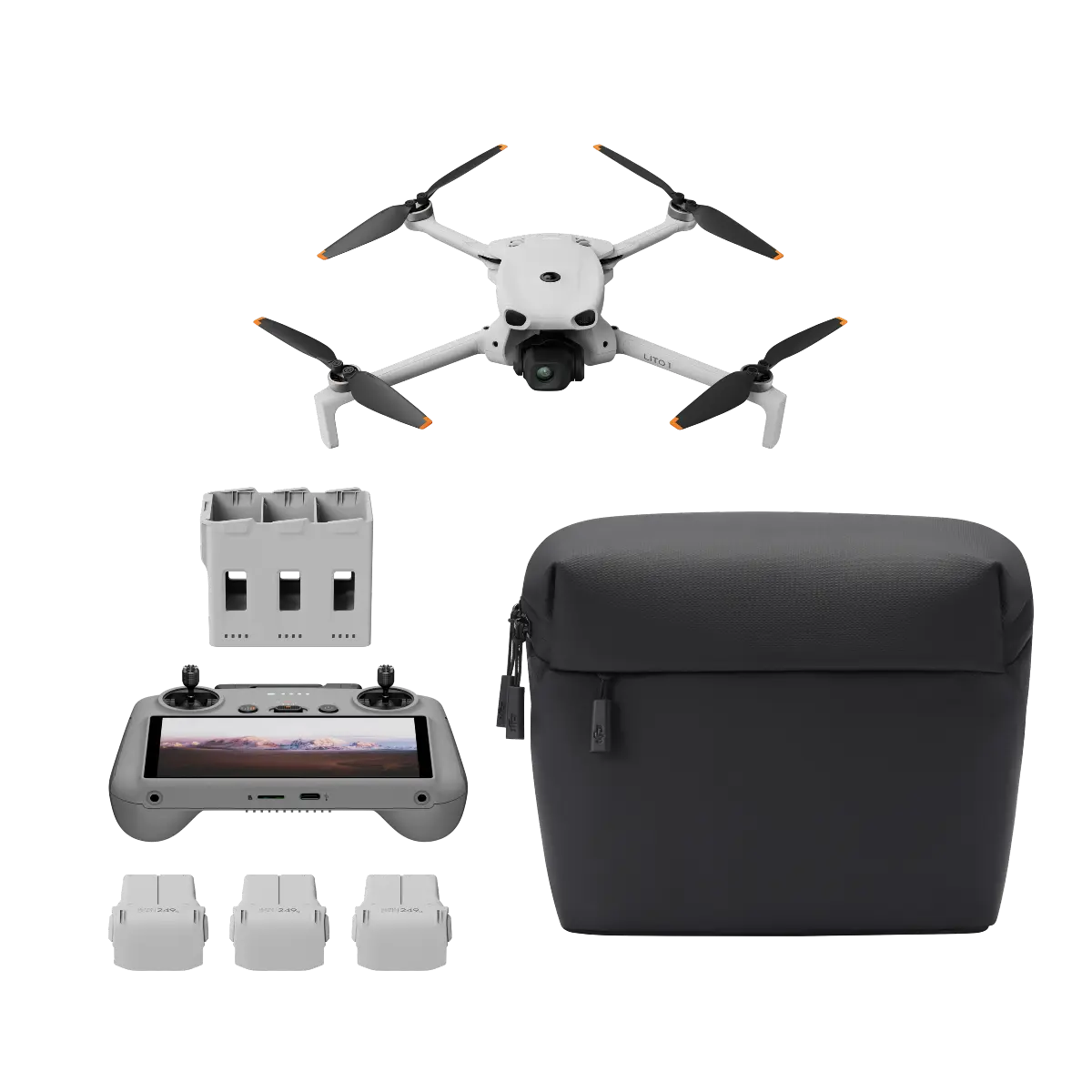 Drone with accessories including a remote control, battery packs, and carrying case on a white background