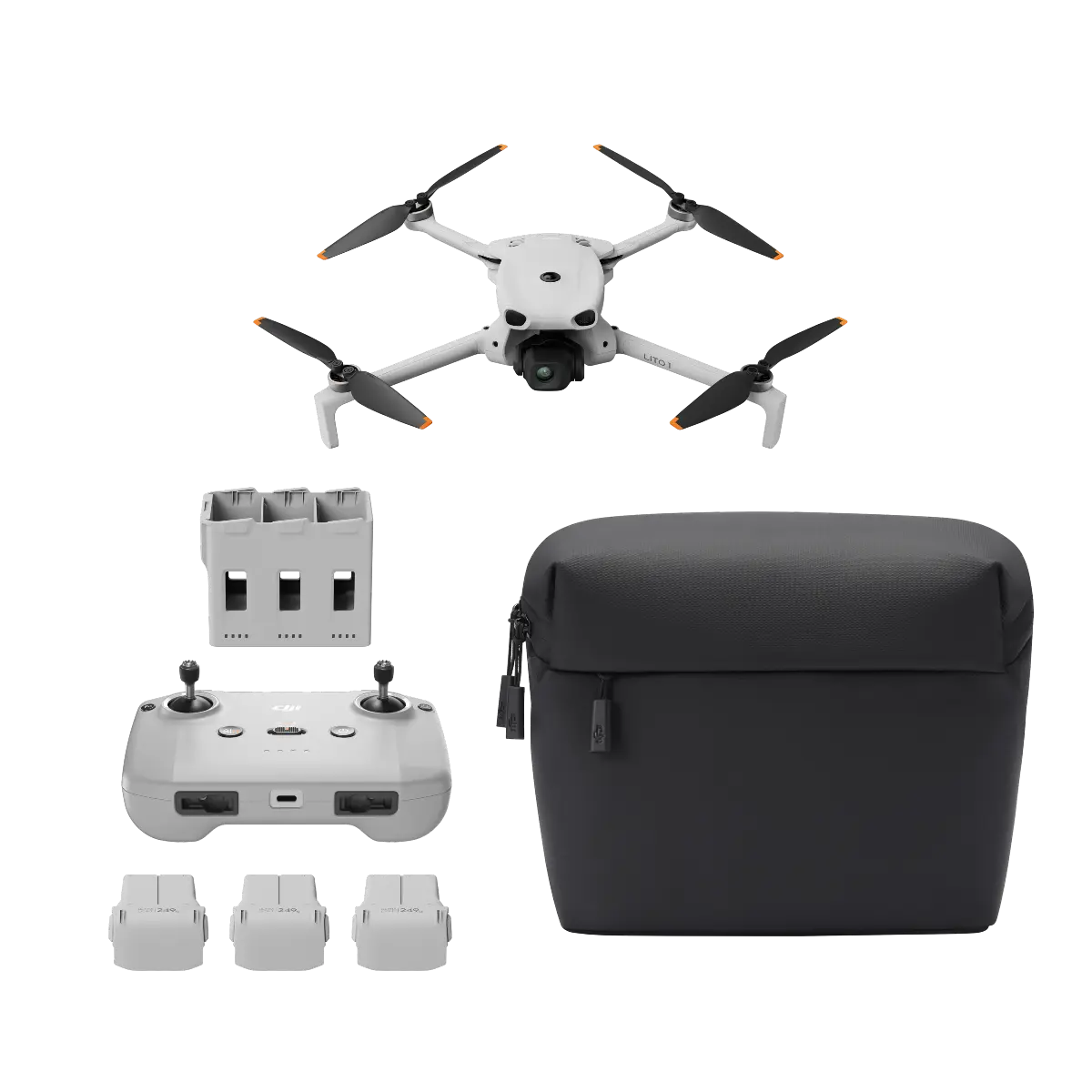 Drone with accessories including a remote control, battery packs, and carrying case on a white background