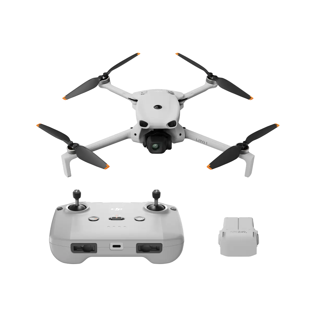 White drone with black propellers and a remote control on a white background