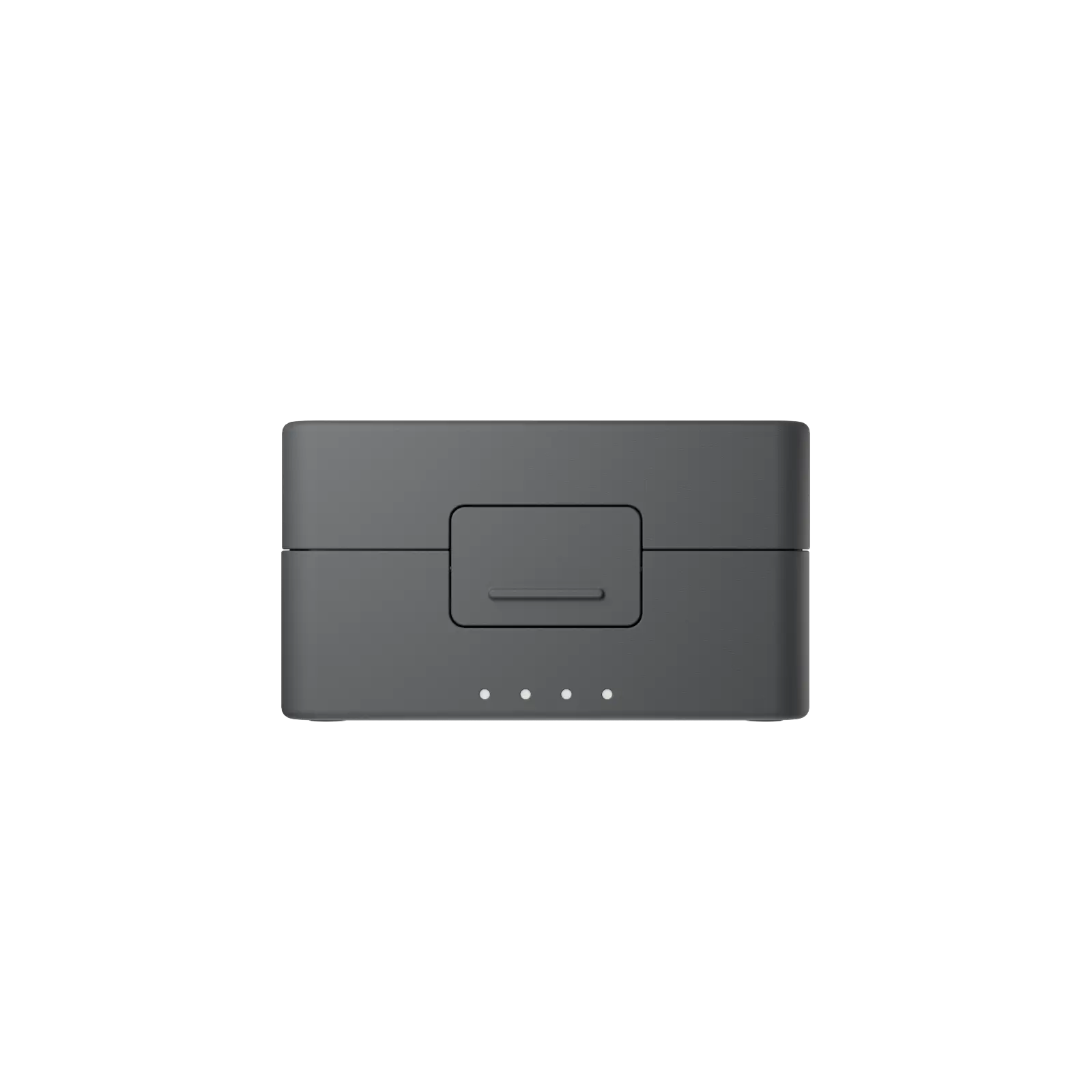 Black rectangular device with a power button on a white background