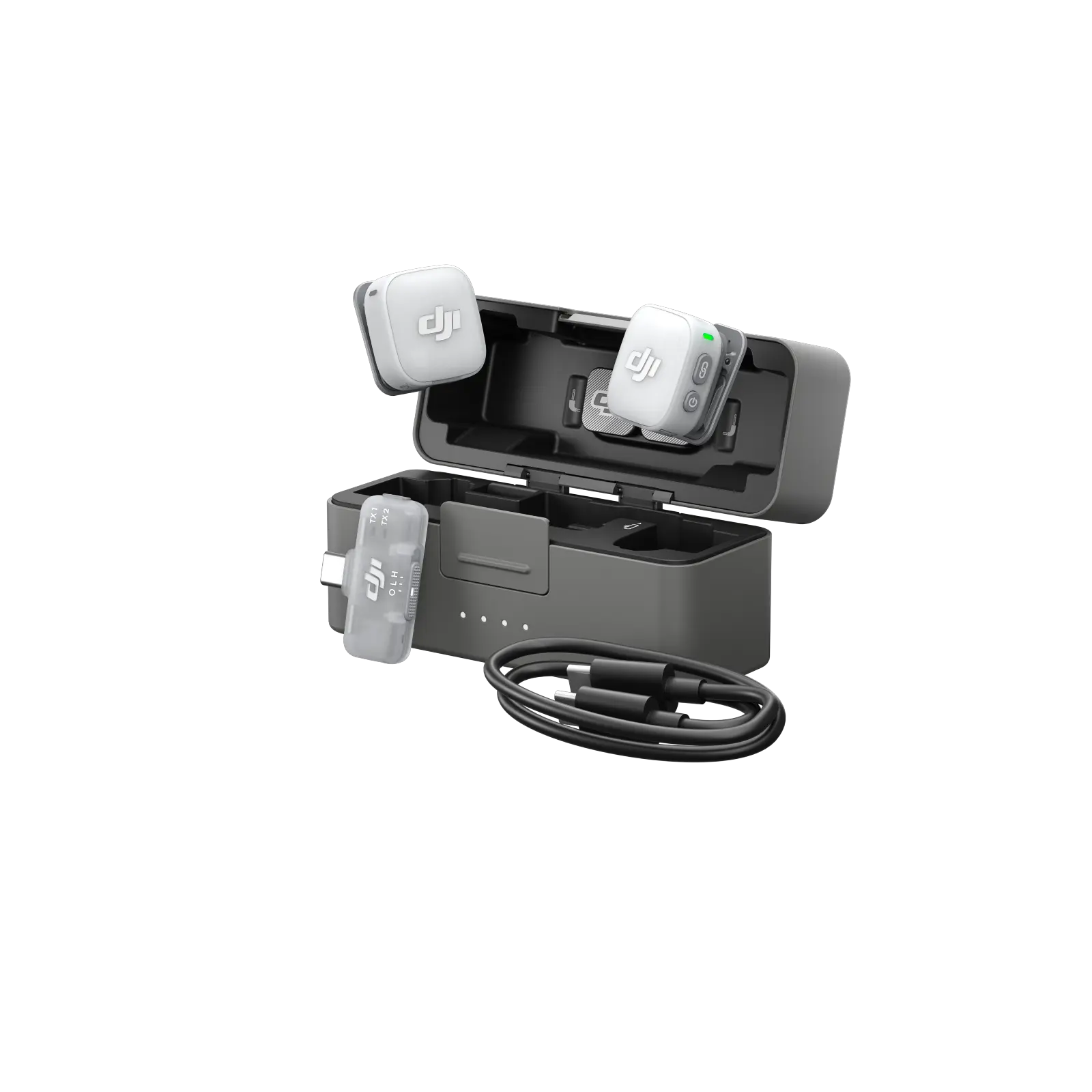 DJI drone charging station with two drones on a white background