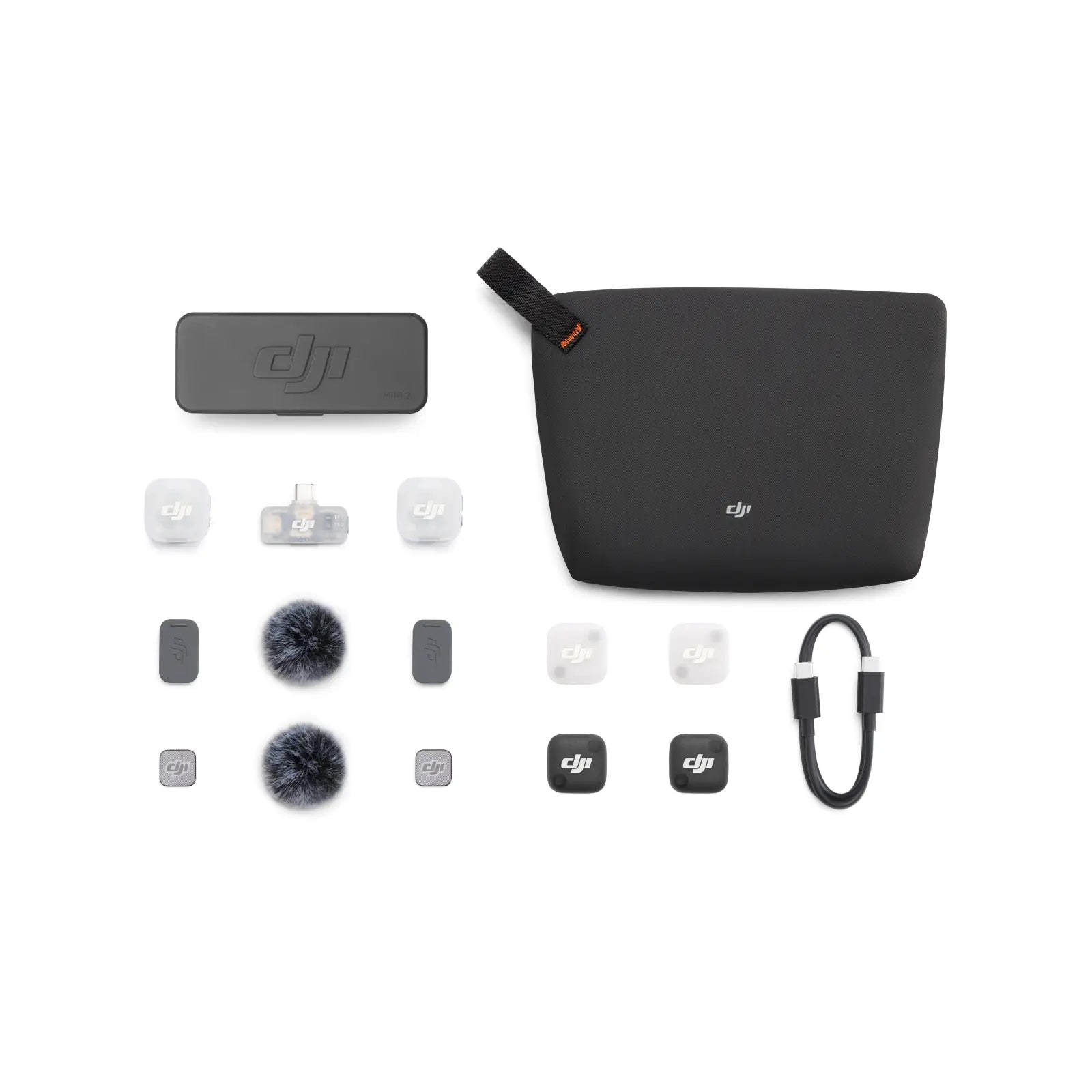 Collection of DJI accessories including a black pouch, filters, and a carabiner on a white background.