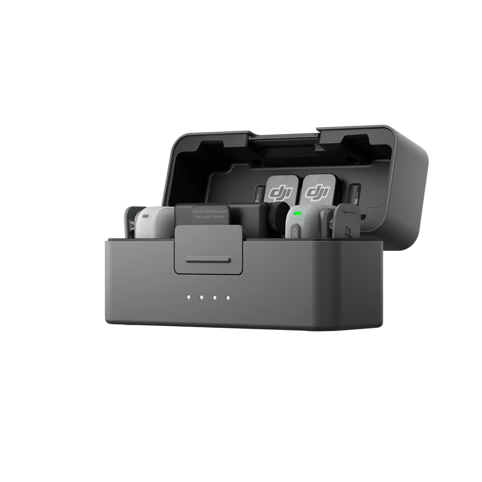 DJI battery charging station with two batteries on a white background