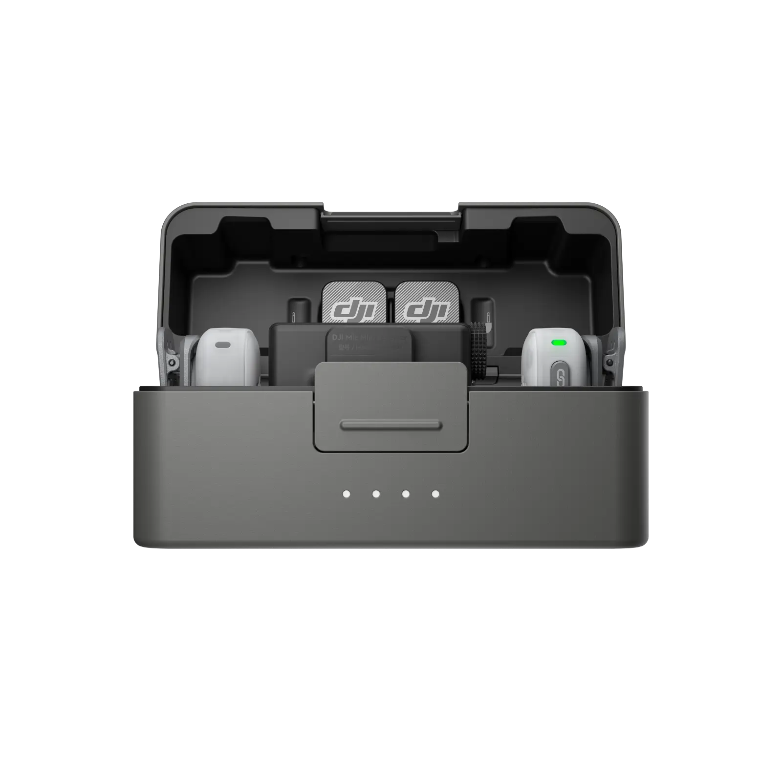 Black battery charging station with DJI branded batteries on a white background