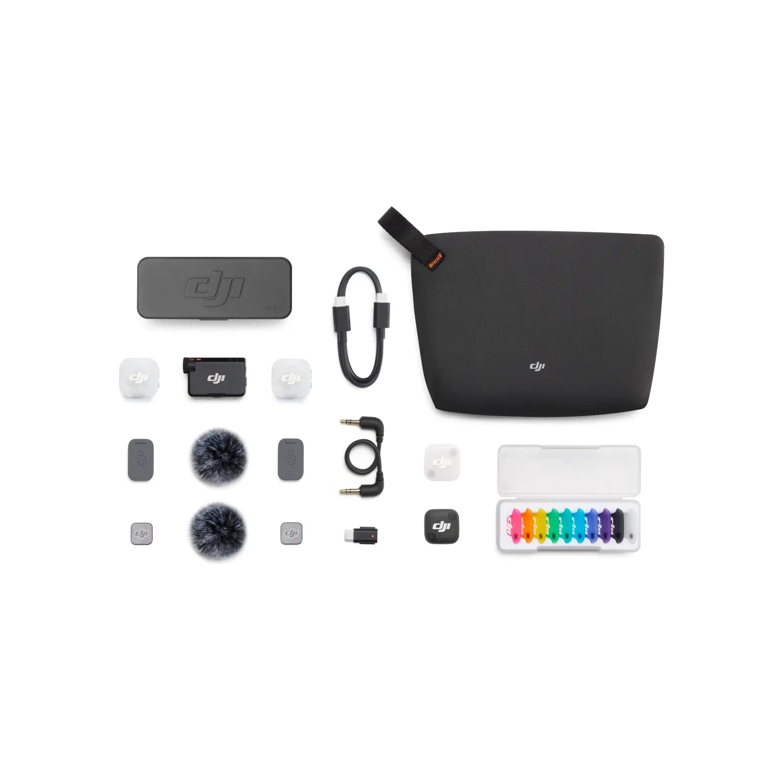 Collection of DJI accessories including a black carrying case on a white background