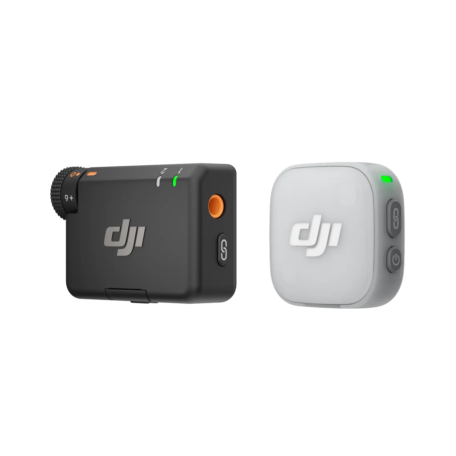 Two DJI devices, one black and one gray, on a white background
