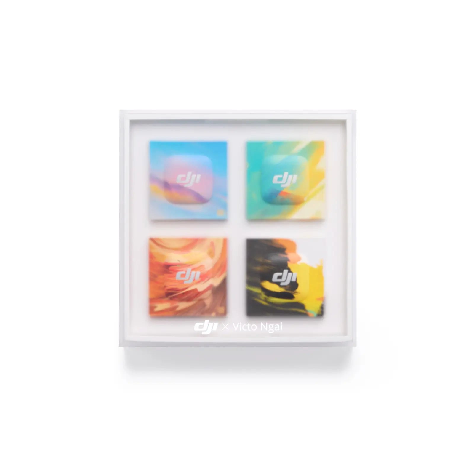 Four colorful square cards in a white frame with 'dji' branding.