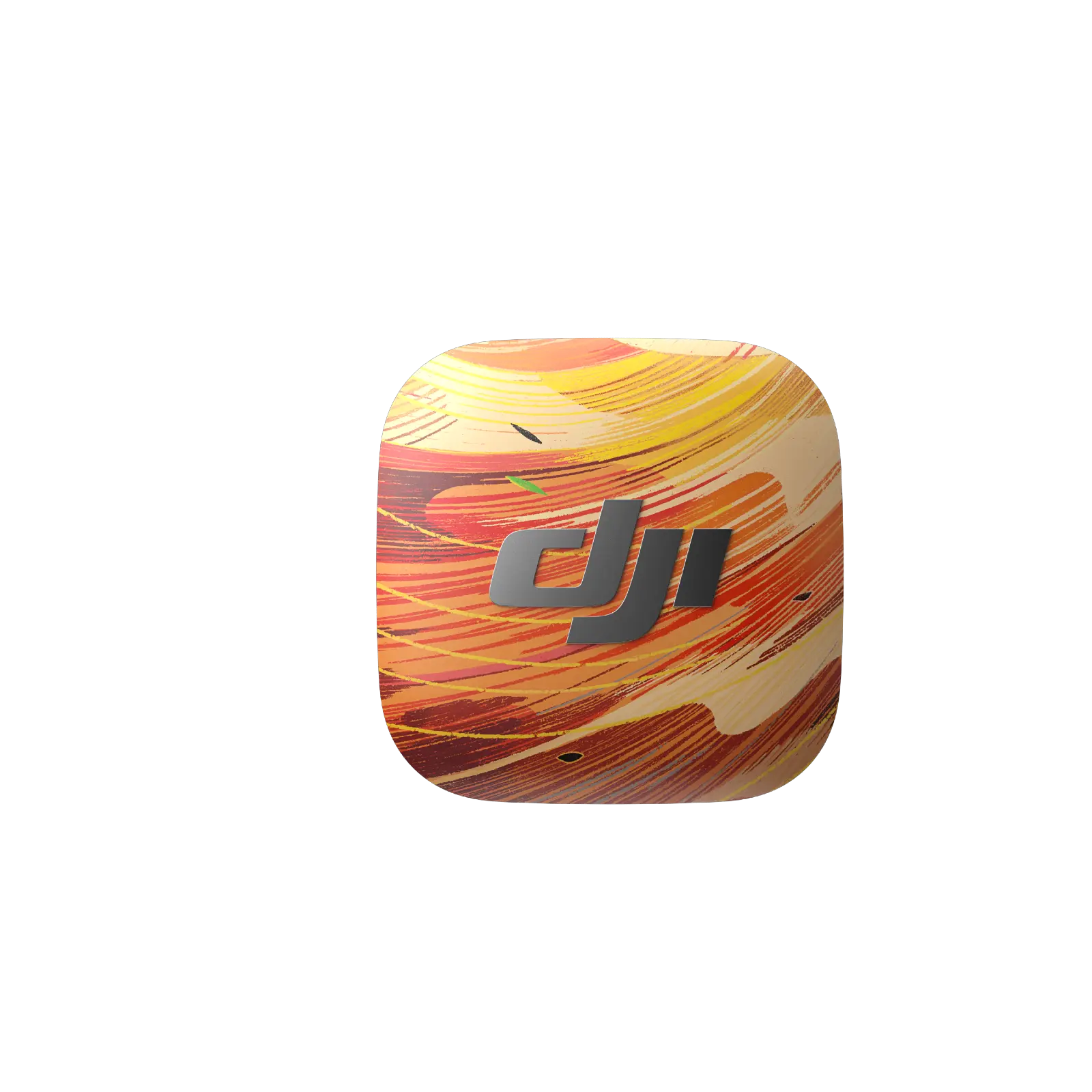 Square-shaped object with a colorful marbled pattern and DJI logo on a white background