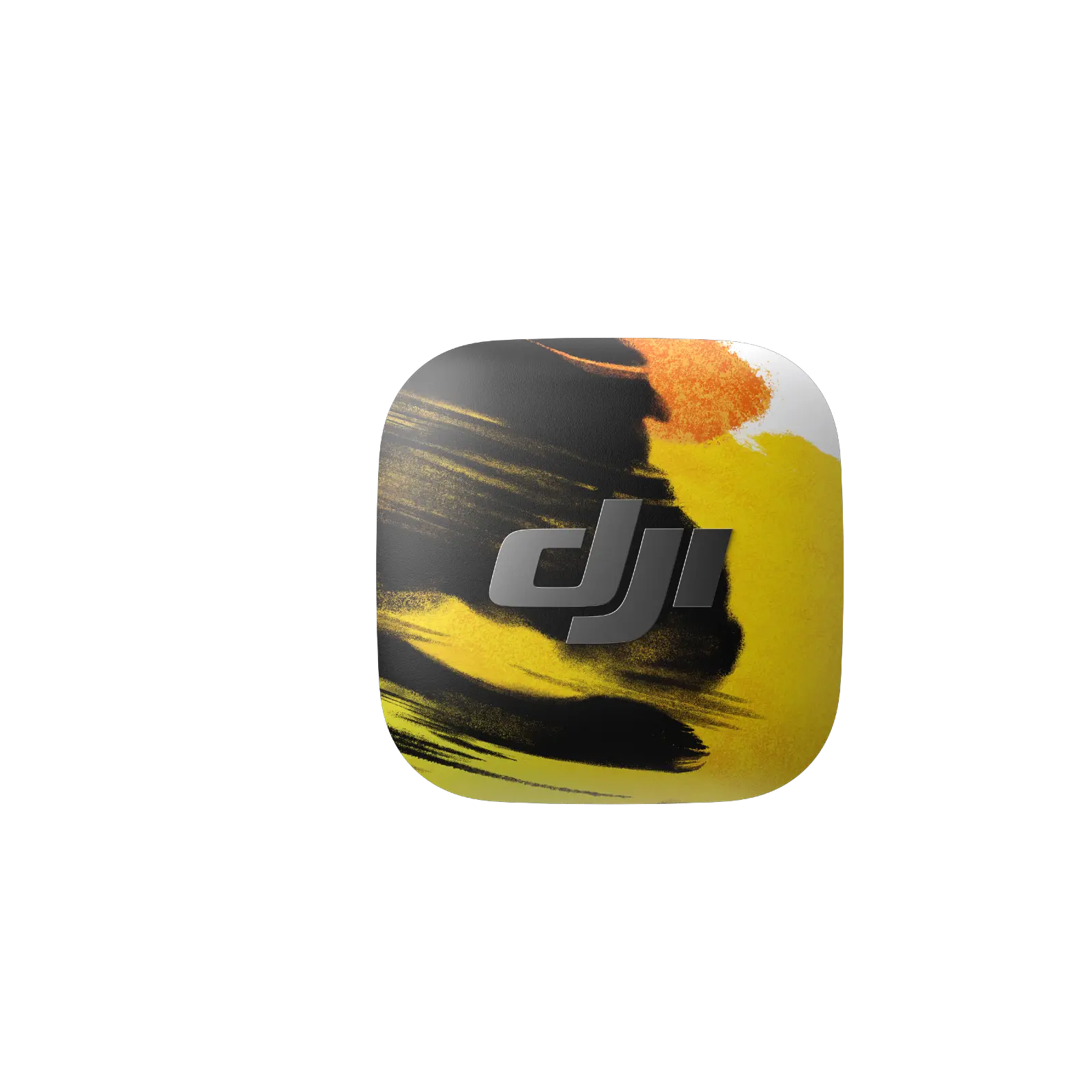Square object with black, yellow, and orange design featuring the DJI logo on a white background