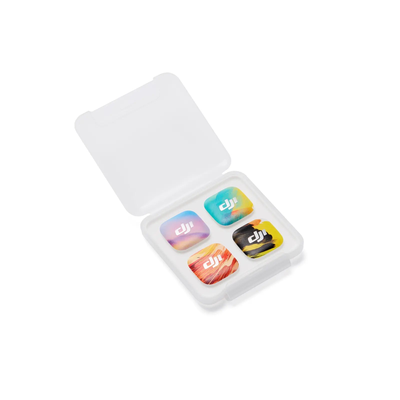 Four colorful square filters in a white case with DJI logo on a white background