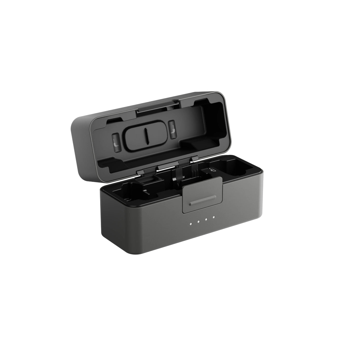Open black wireless earbud charging case with two gray earbuds inside, shown on a clean white background.