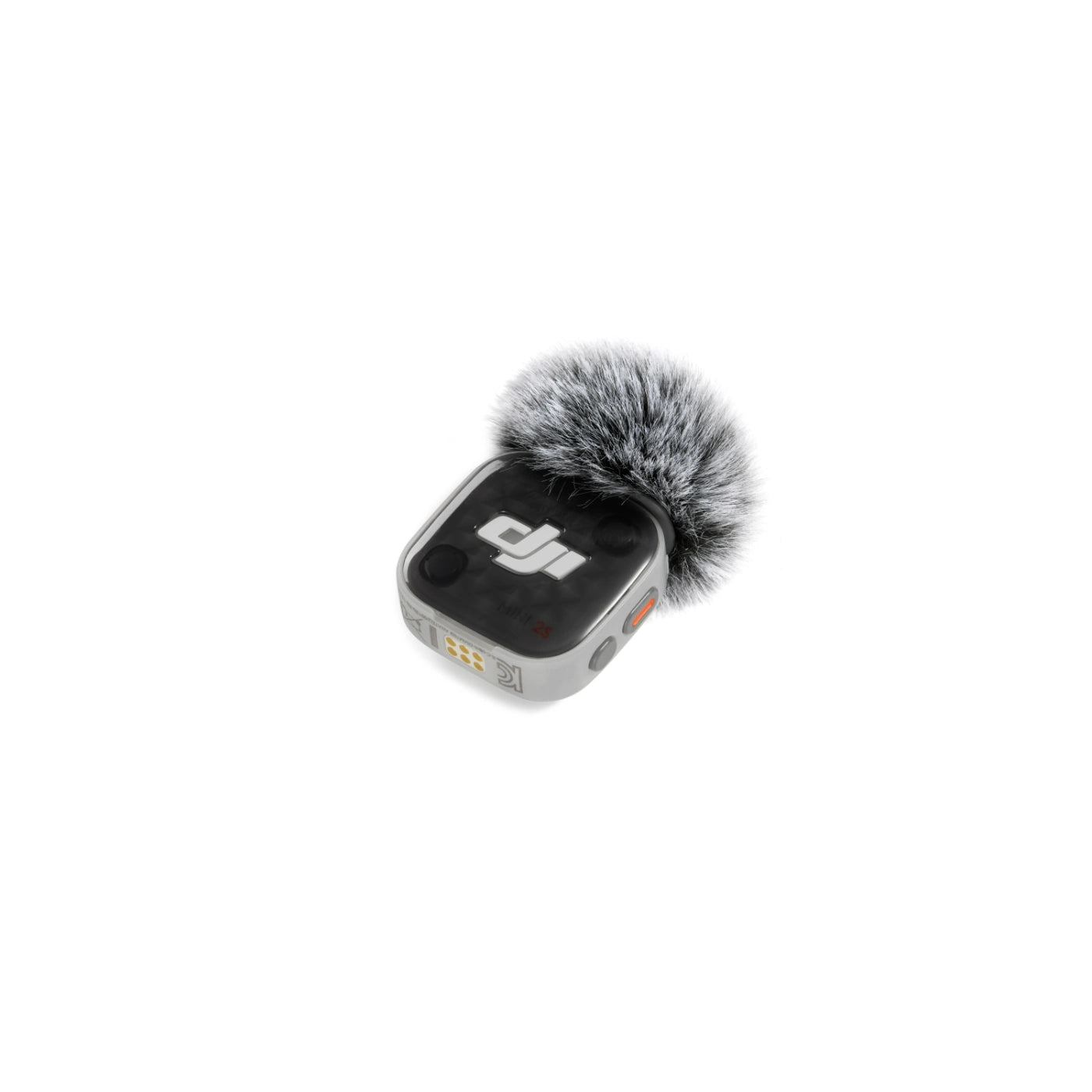 A DJI-branded gray audio device with a black top panel and a fluffy gray-and-white furry windscreen, shown on a plain white background.