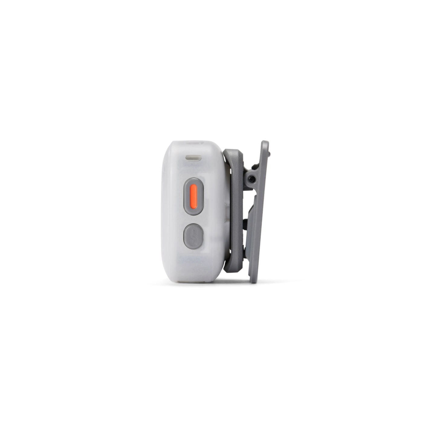 A close-up side view of a small gray electronic device with a translucent protective case, featuring a vertical orange accent and a gray clip or bracket attached to the right side, set against a plain white background.