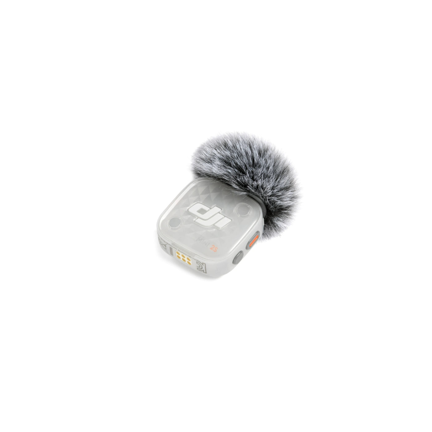 A DJI-branded microphone transmitter with a fluffy gray and black faux fur windscreen attached, shown against a solid white background.