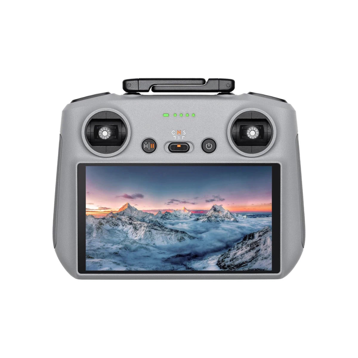 Gray drone controller with screen displaying a mountain landscape on a white background