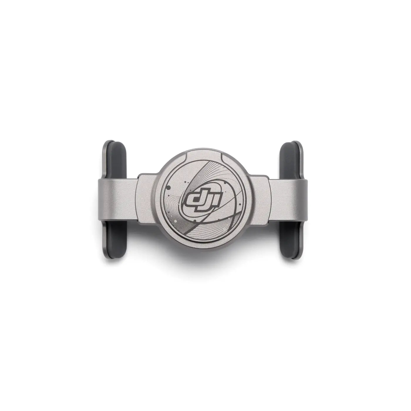Silver phone holder with DJI logo on a white background