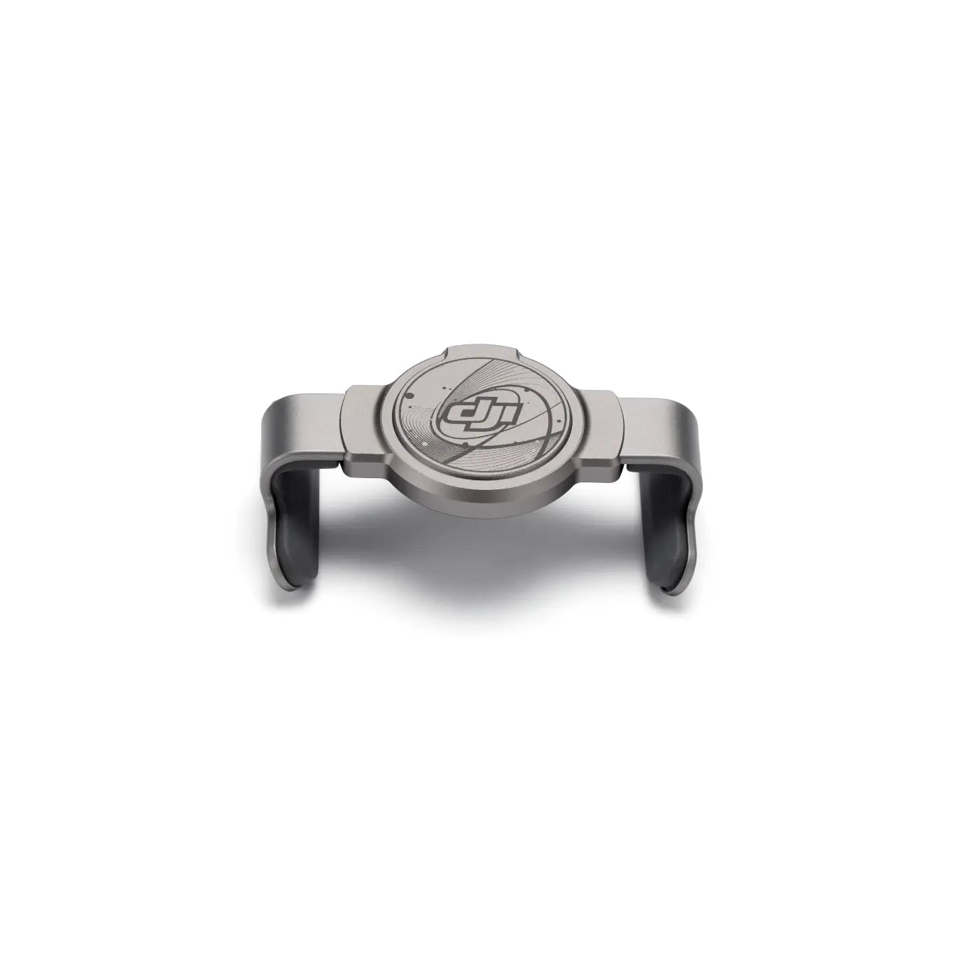 Metallic phone holder with a brand logo on a white background