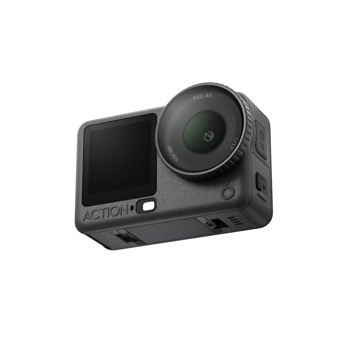 Black action camera on a white background