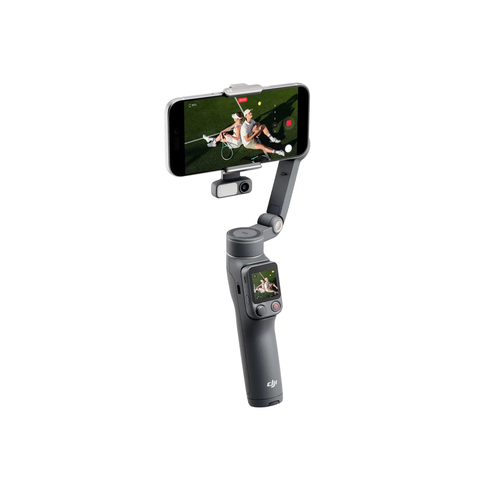 Handheld smartphone gimbal with smartphone displaying a video on a white background
