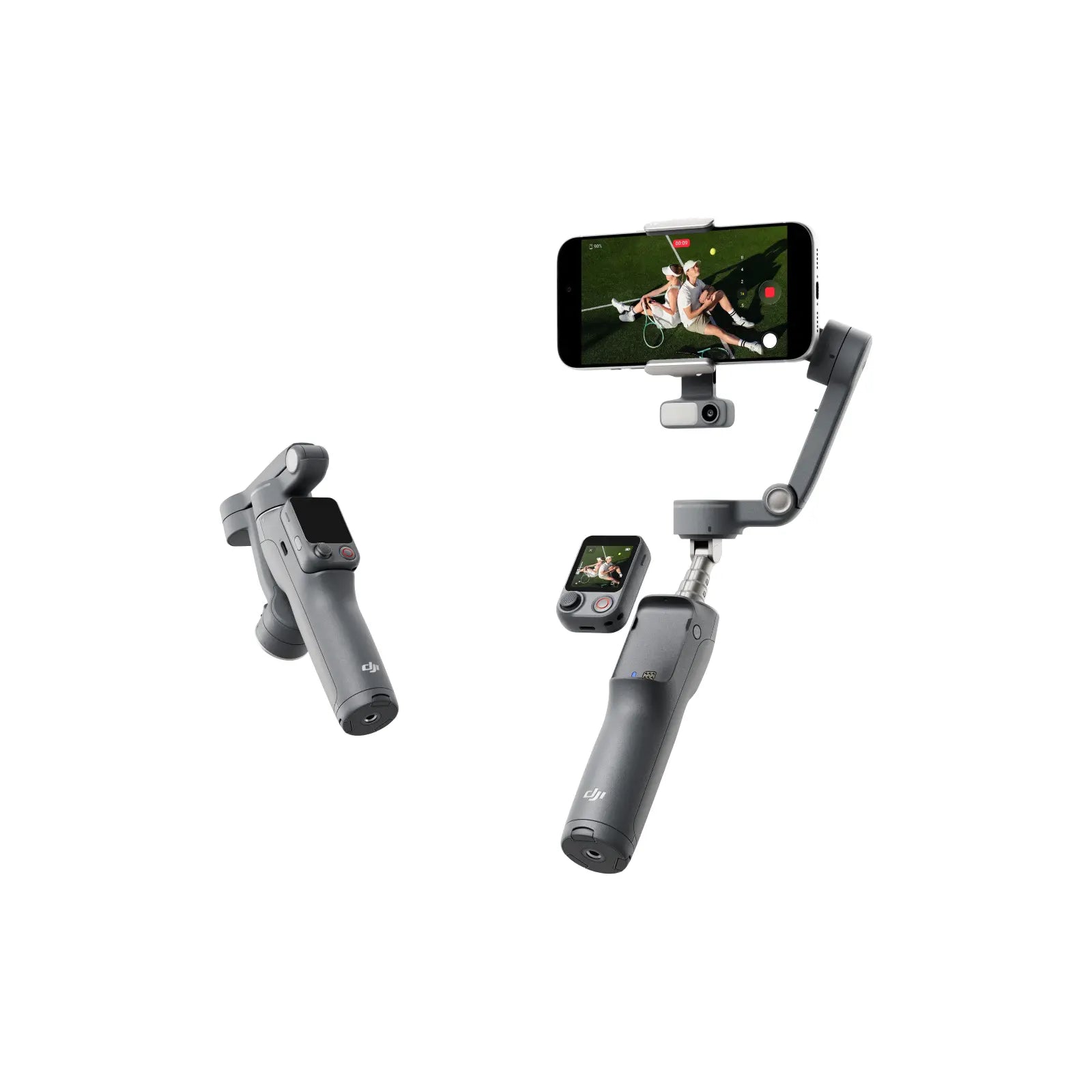 Handheld camera stabilizer with smartphone attached on a white background