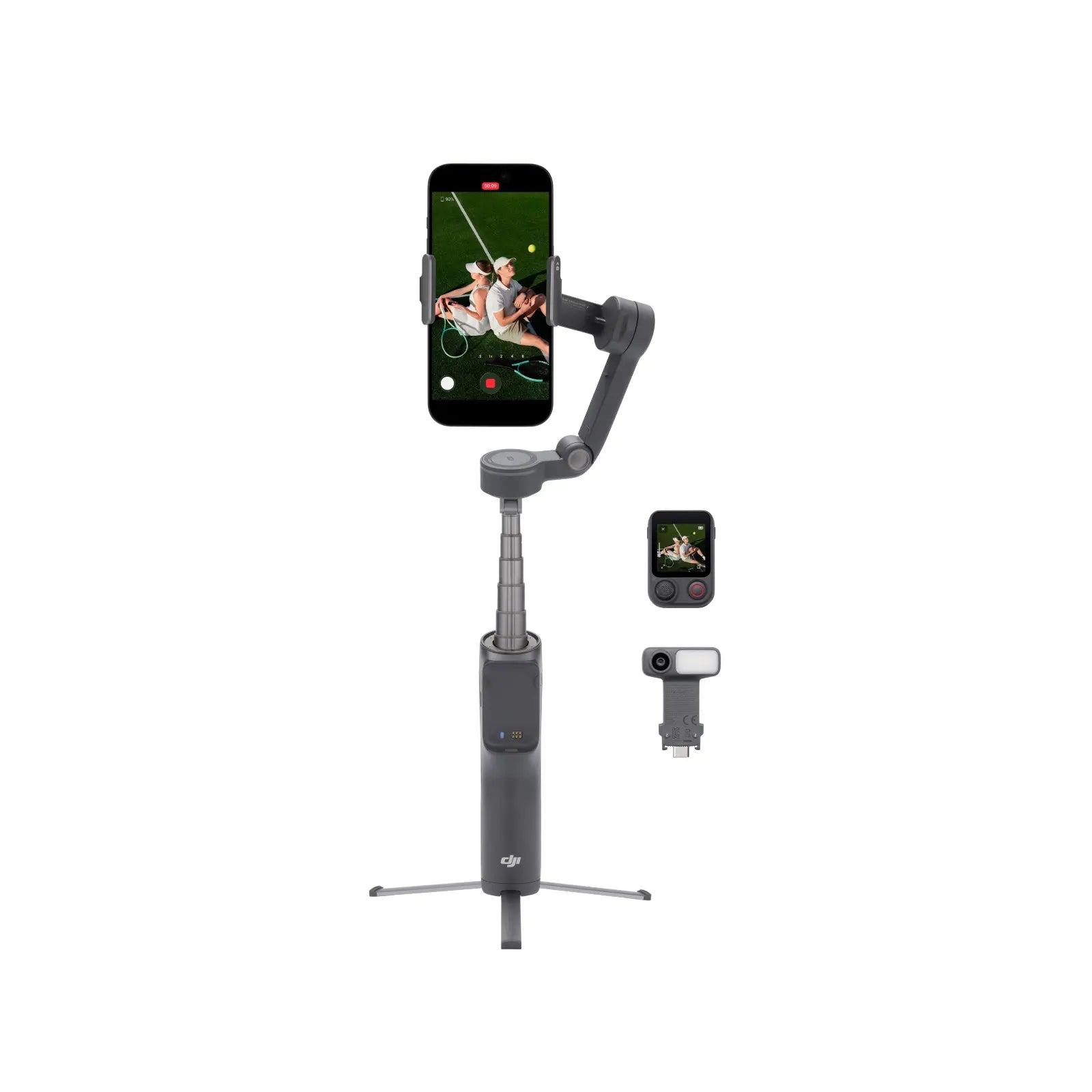 Phone holder with smartphone displaying a video on a white background