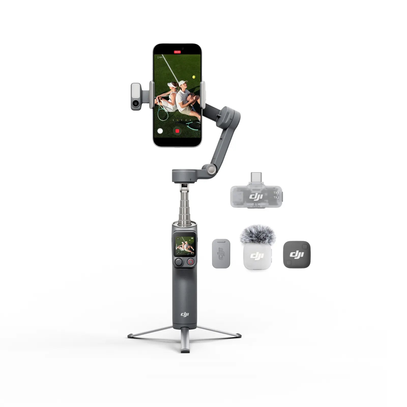 DJI Osmo Mobile 3 smartphone gimbal with accessories on a white background