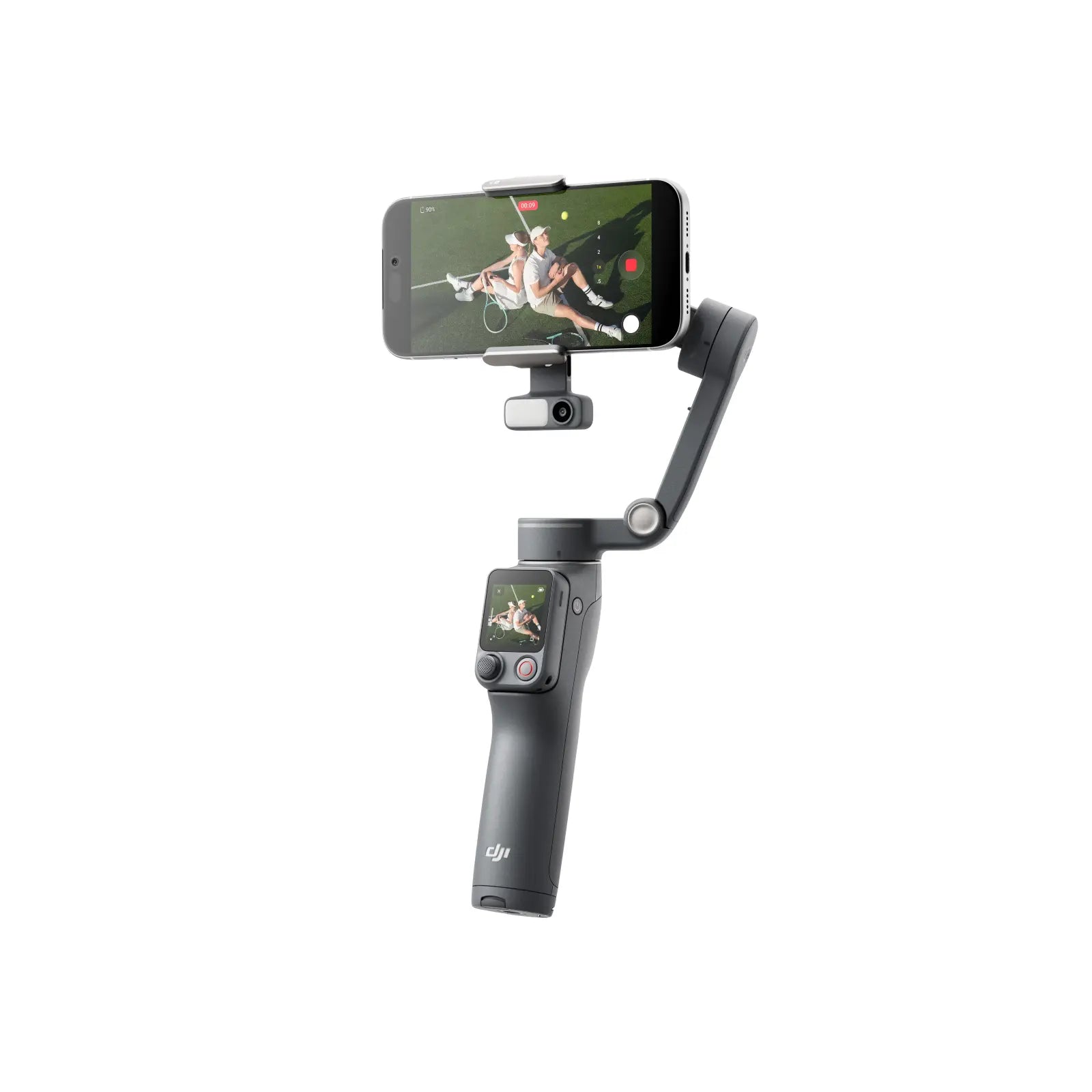 Smartphone mounted on a gimbal with screen displaying video feed on a white background