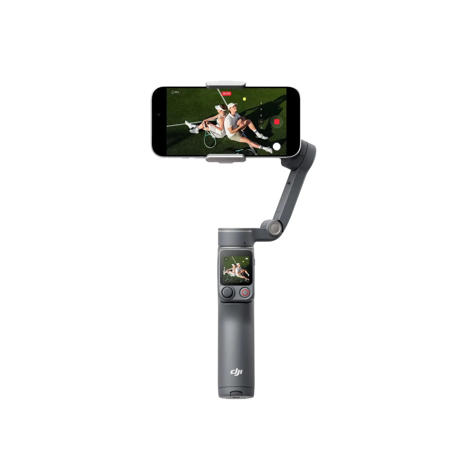 Smartphone mounted on a gimbal with a screen displaying video footage on a white background