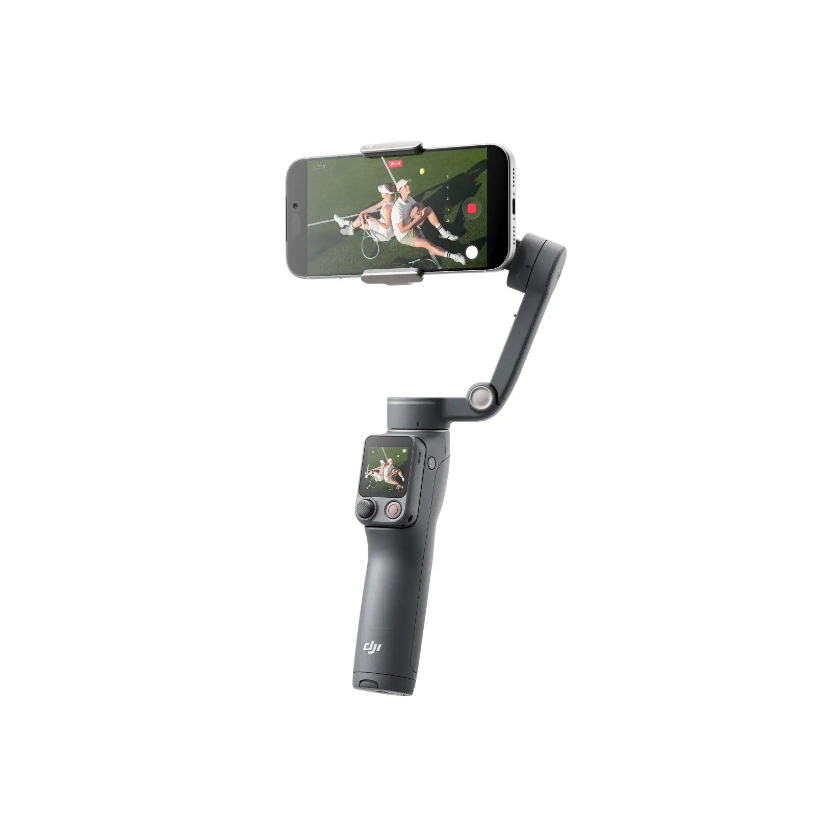Handheld camera stabilizer with smartphone attached on a white background