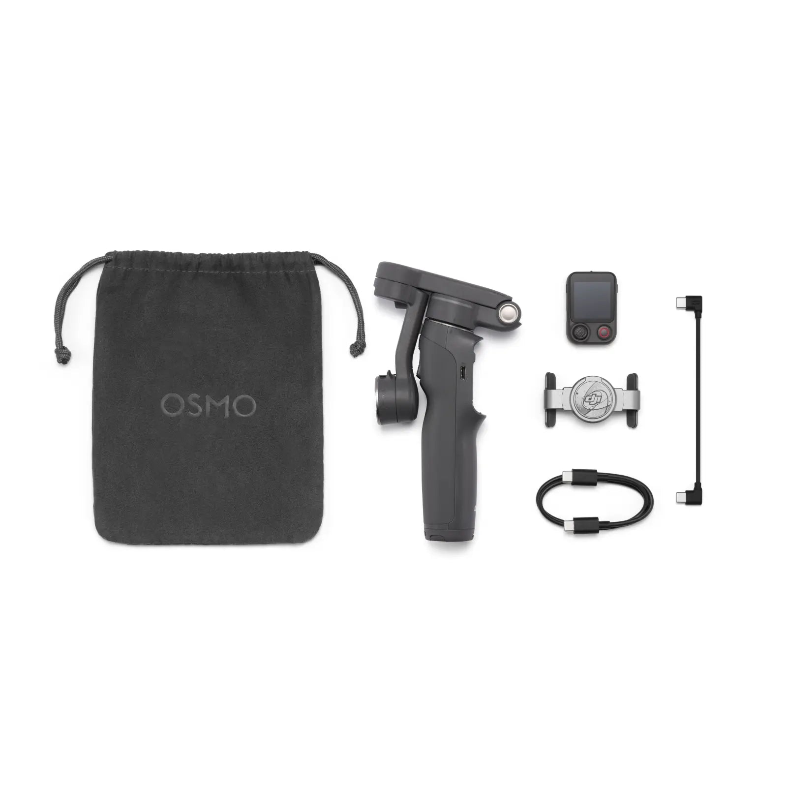 Osmo smartphone accessories including a grip, mount, and carrying pouch on a white background