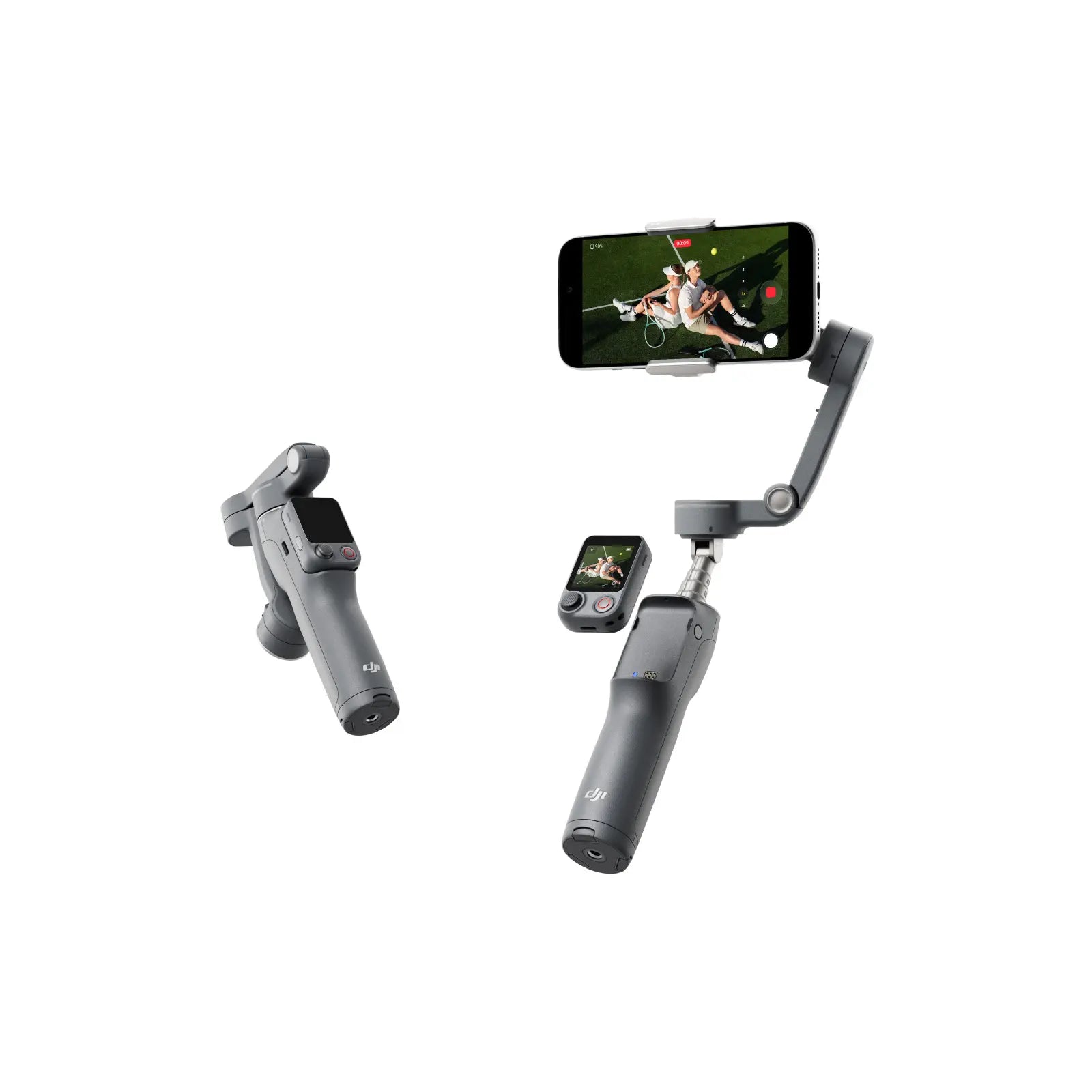 Handheld camera stabilizer with smartphone attached on a white background