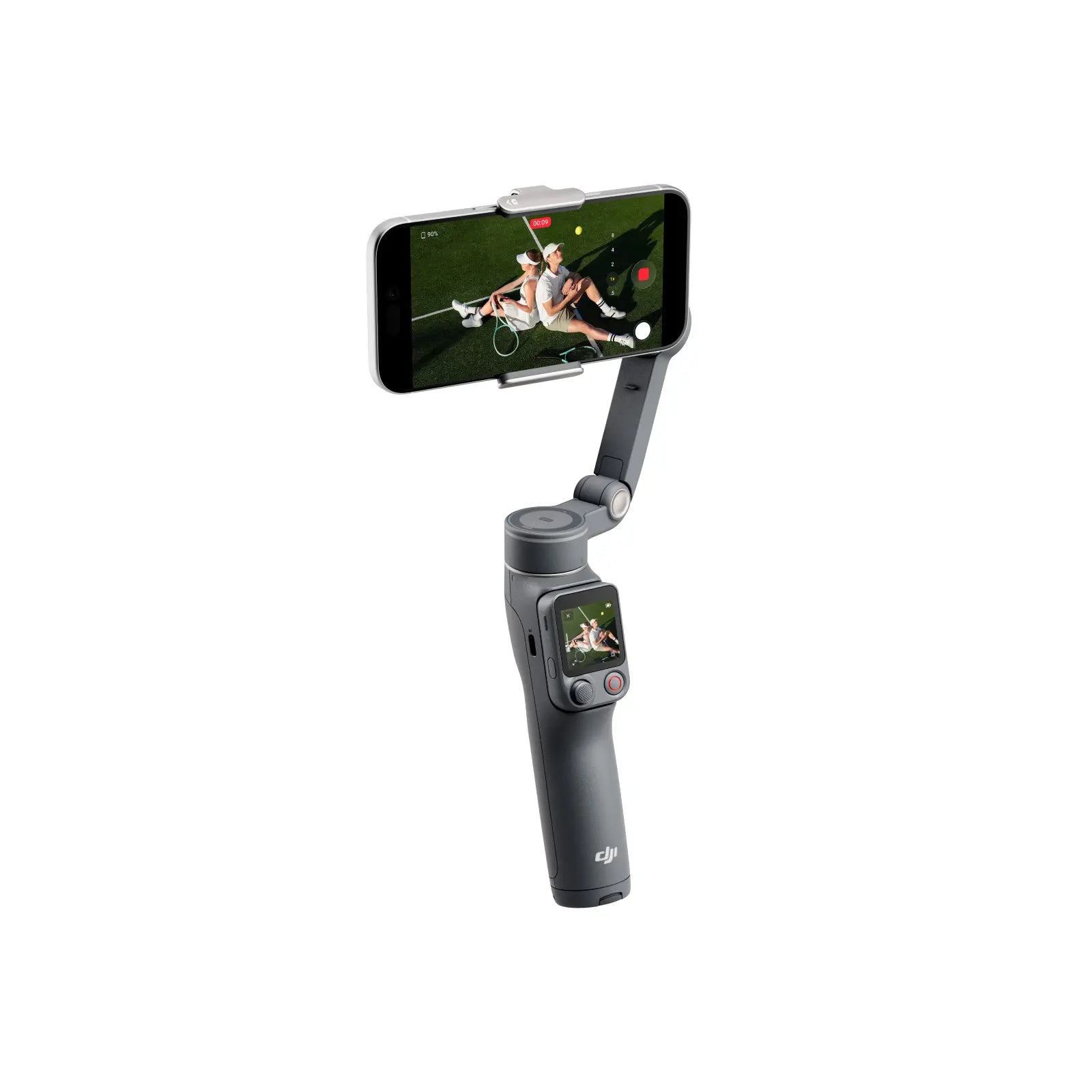 Smartphone held in a gimbal with screen displaying video of a tennis match on a white background