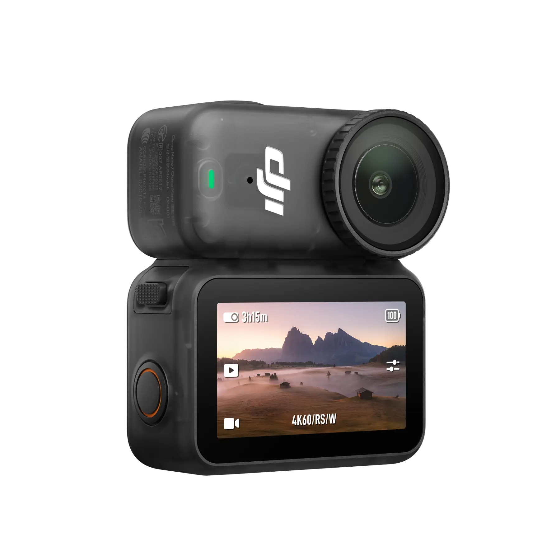 Action camera with screen displaying a mountainous landscape on a white background