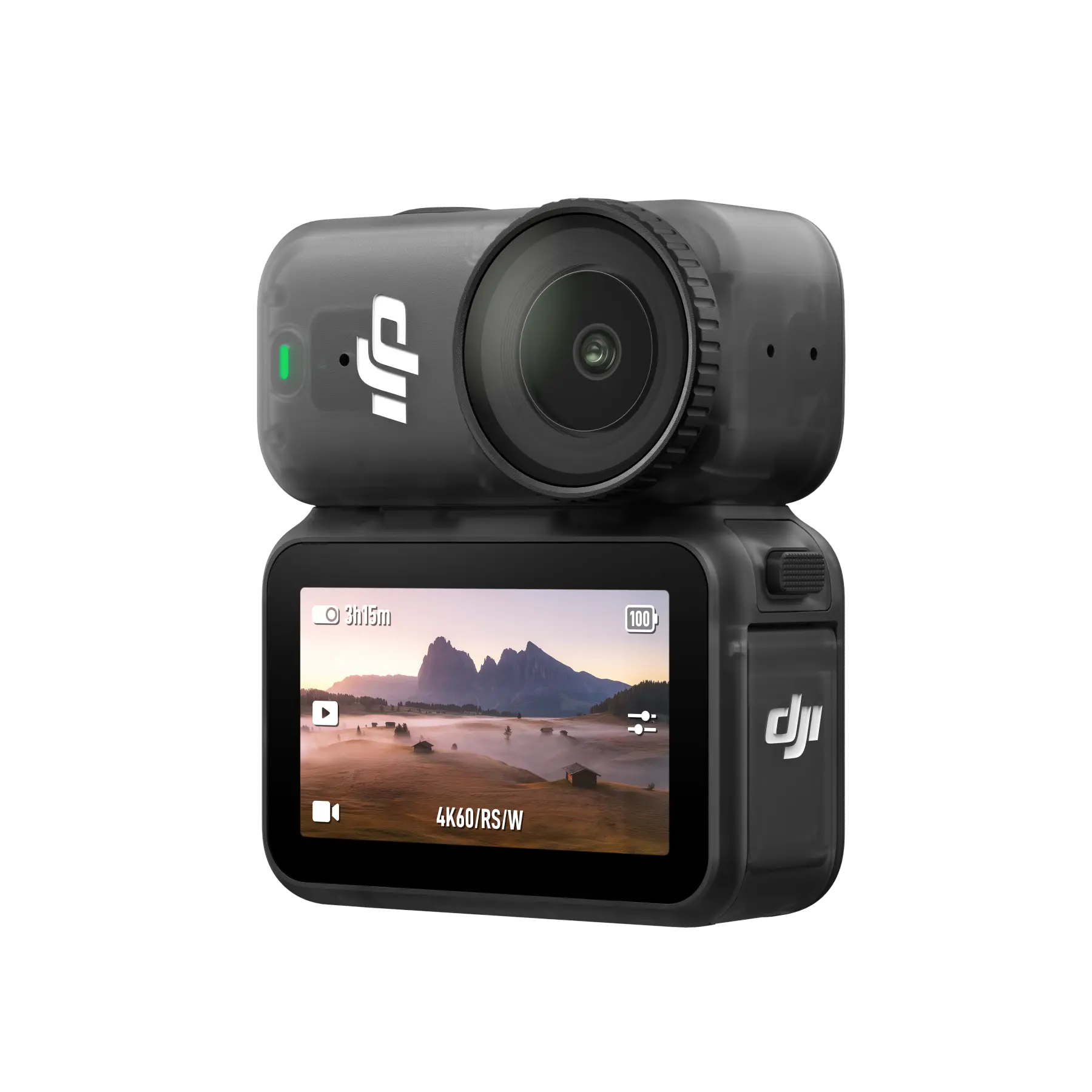 DJI action camera with screen displaying a mountainous landscape on a white background