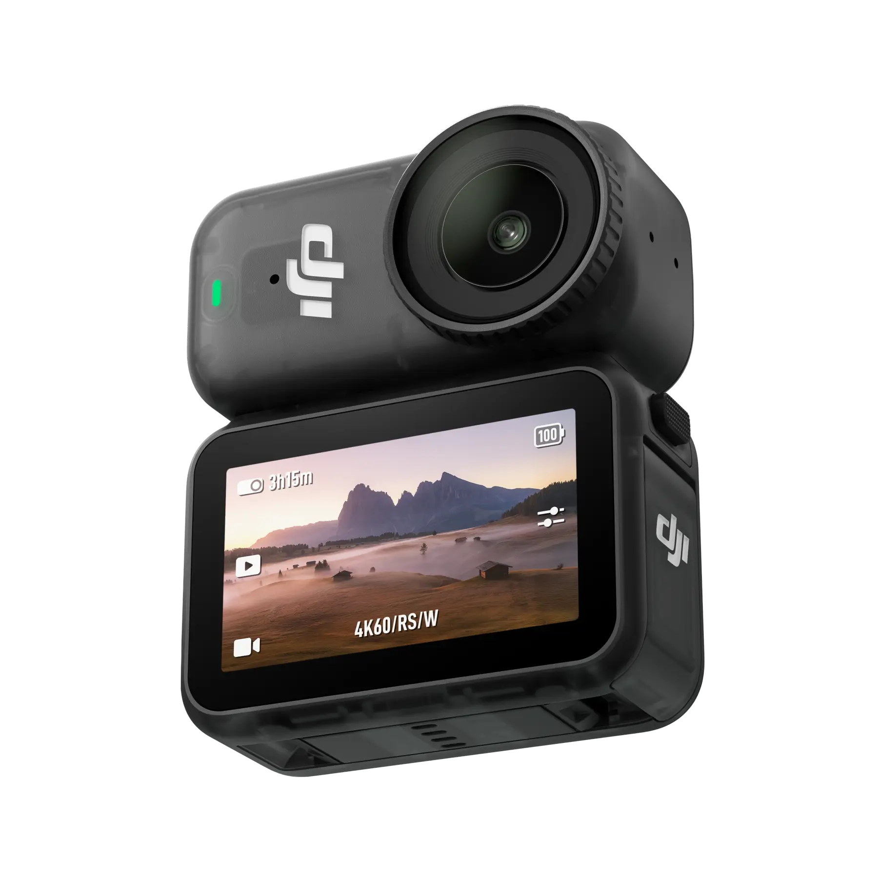 Action camera with screen displaying a mountainous landscape on a white background