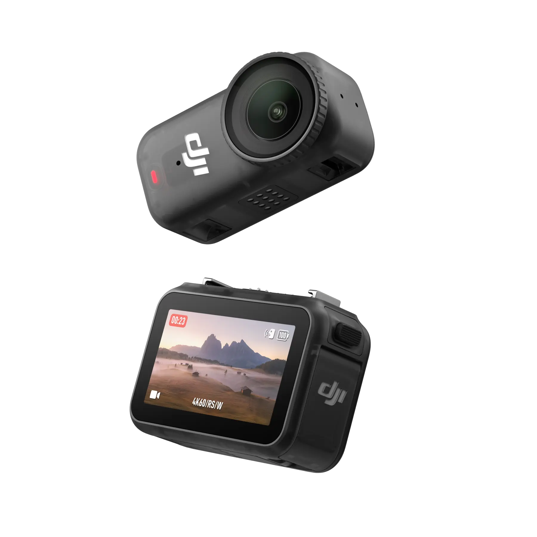 Two DJI action cameras on a white background