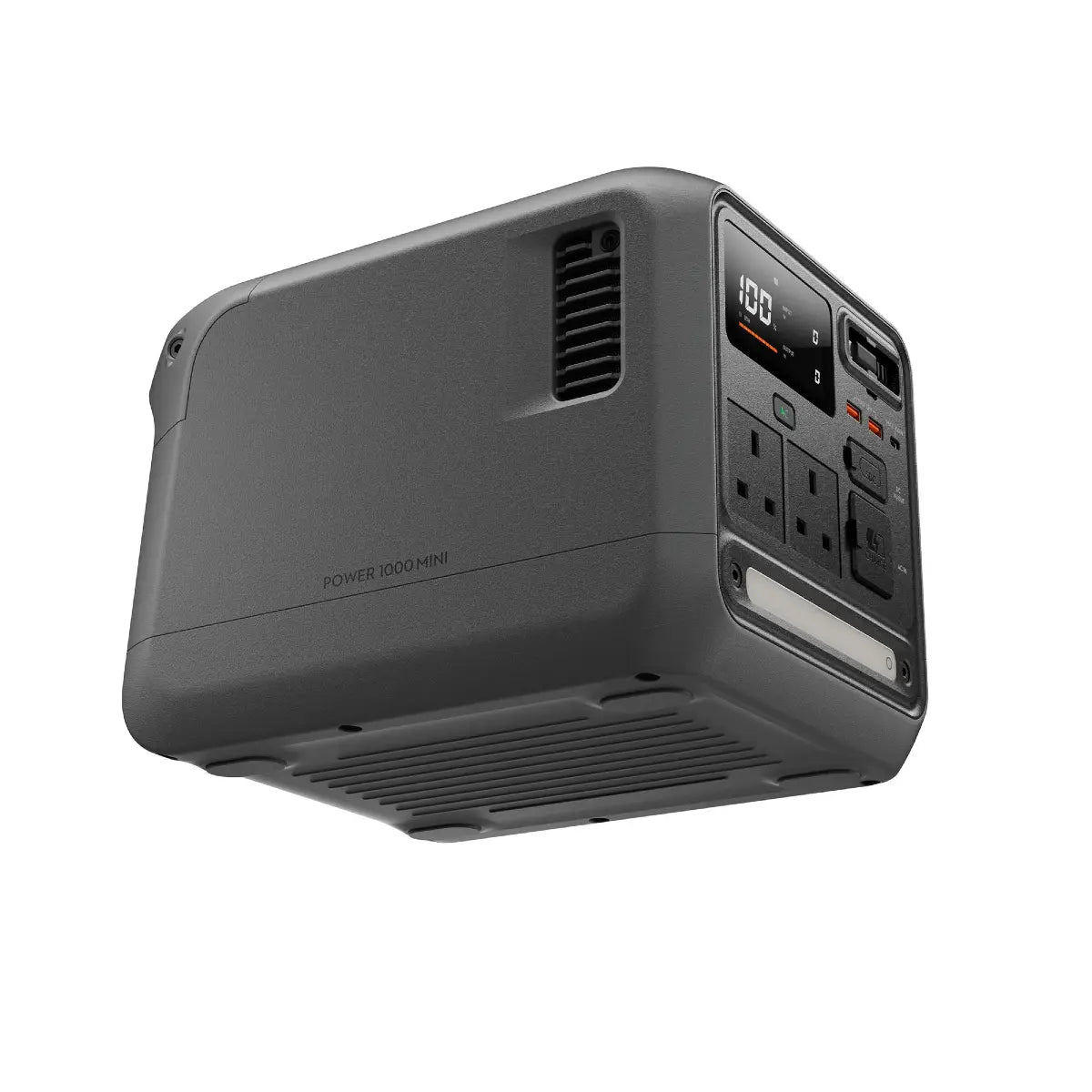 Black power station with multiple outlets and display on a white background