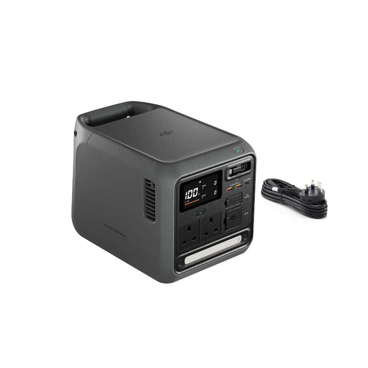 Black power station with digital display and plug on a white background