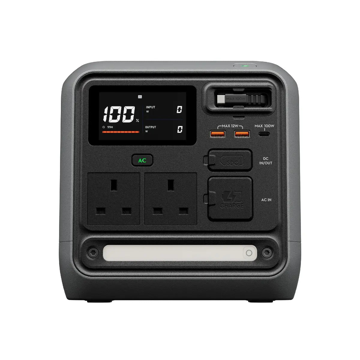 Power station with multiple outlets and digital display on a white background