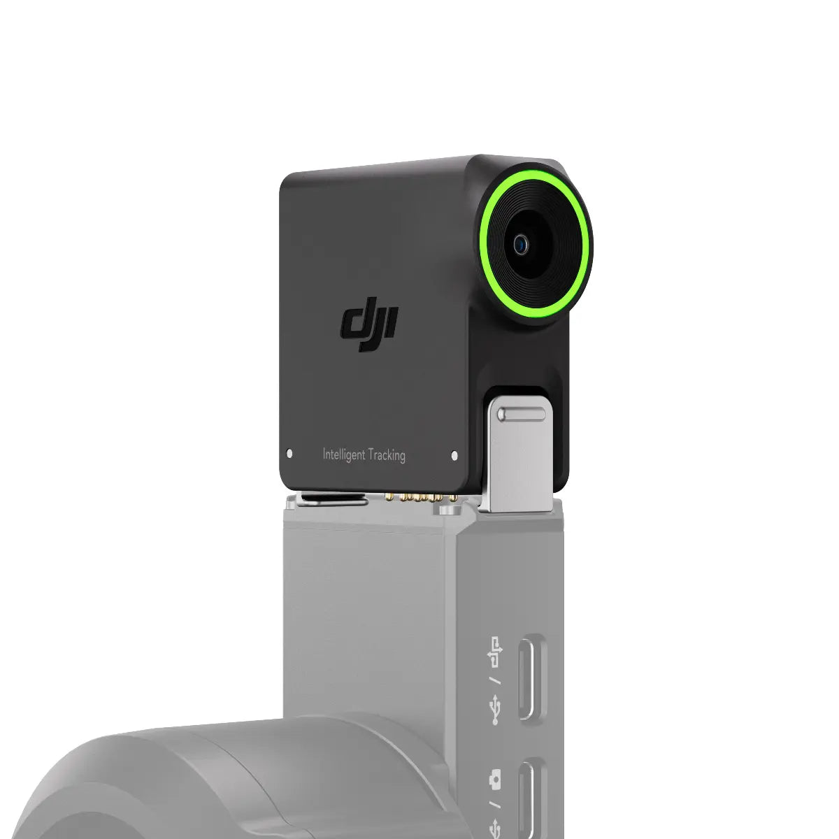 DJI action camera with black housing and green LED on a white background